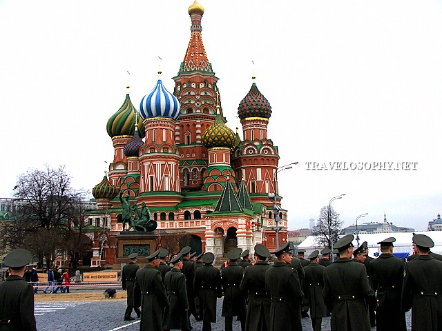 St Basils Cathedral and soldiers on Red Square